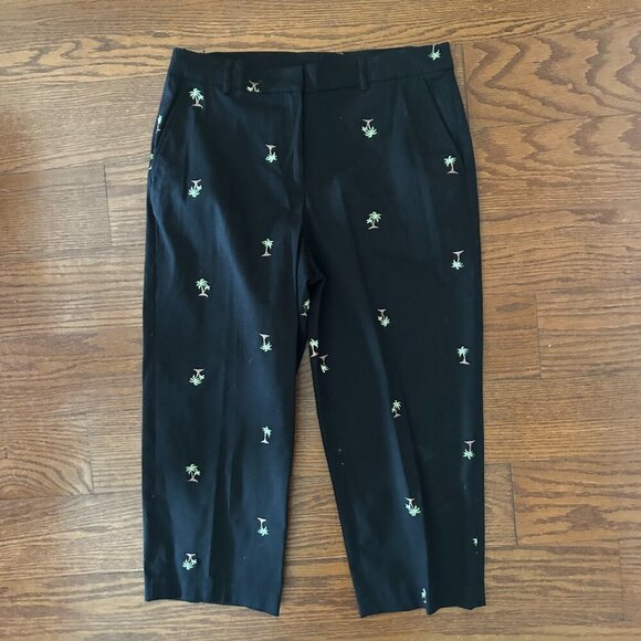 Palm Tree Embroidered Capri Black Pants Vacation Resortwear Size 12 - Picture 8 of 8